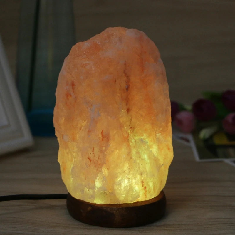 Hand Carved USB Wooden Base Himalayan Rock Salt Lamp Air Purifier Night Light Bedroom Decoration Home Drop Shipping