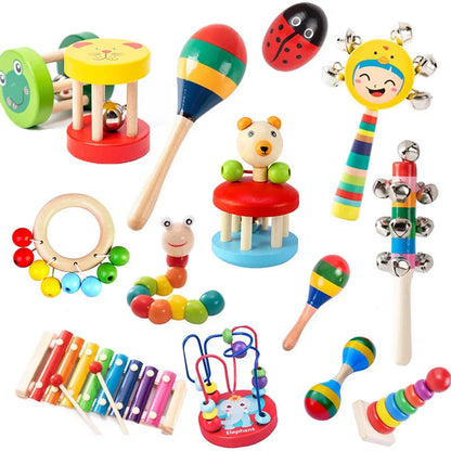 Montessori Wooden Rattles For Baby Crib Toys Baby Rattle Educational Musical Wooden Toys Children Games Baby Toys 0 12 Months