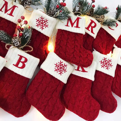 Christmas Letter Knitting Socks Snowflake Stocking, Christmas Decoration for Home Xmas Tree Ornament Gift