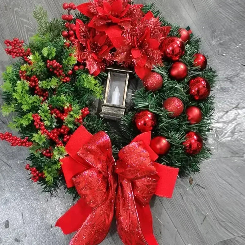 2024 Christmas Wreath With Lamp Bow Ball Big Red Flower Party Wall Door Window Fireplace Staircase Balcony Garden Wreath