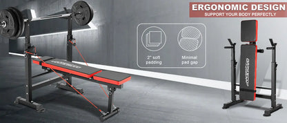 6 in 1 Weight Bench Set with Squat Rack Foldable Adjustable Bench Press Set with Removable Foot Catch Foldable Strengt