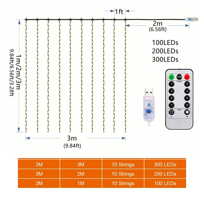 LED Curtain String Lights Christmas Garland Decor Fairy Light 8 Modes USB Remote Control Wedding Holiday Party for Bedroom Home