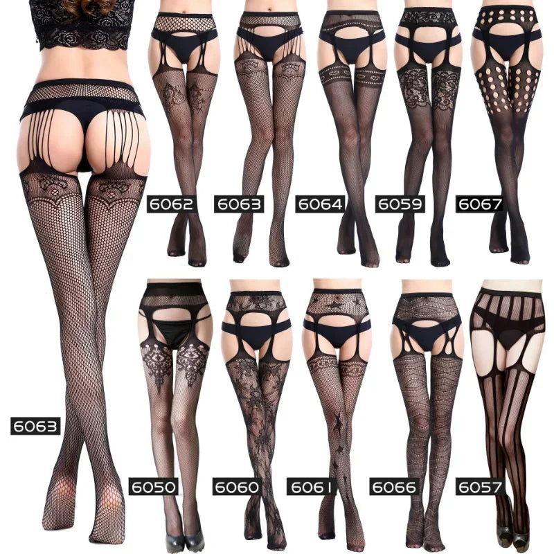 Hot Sexy Erotic Lingerie See Through Open Crotch Pantyhose Tights Women Fishnet Mesh Crotchless Suspenders Stockings Sex Costume