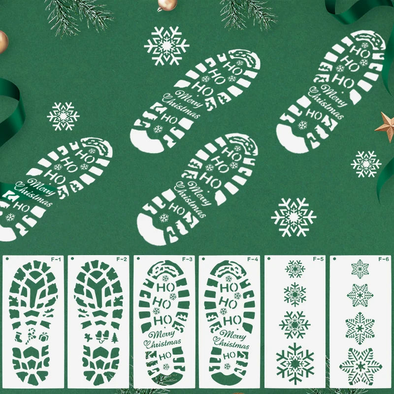 6pcs Christmas Footprint Snowflake Stencil Santa Claus Footprint Painting Template Scrapbook Coloring Embossing Album Xmas Decor