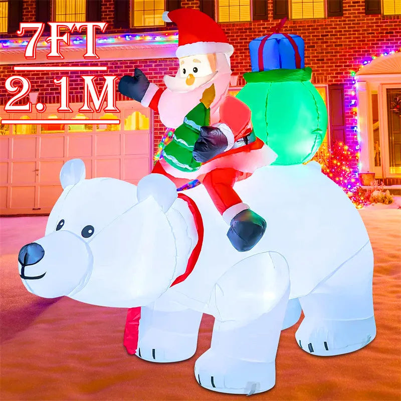 7FT Christmas Inflatable Toys Decoration Santa Claus Ride Polar Bear Outdoor Inflatabe Model with LED Lights Garden Xmas Decor