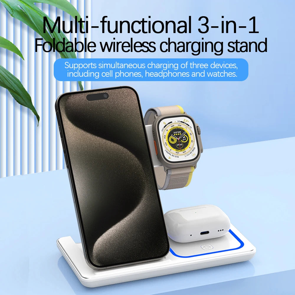 30W 3-in-1 Foldable Wireless Charging Station for iPhone, Apple Watch, and AirPods - Fast Charger Stand