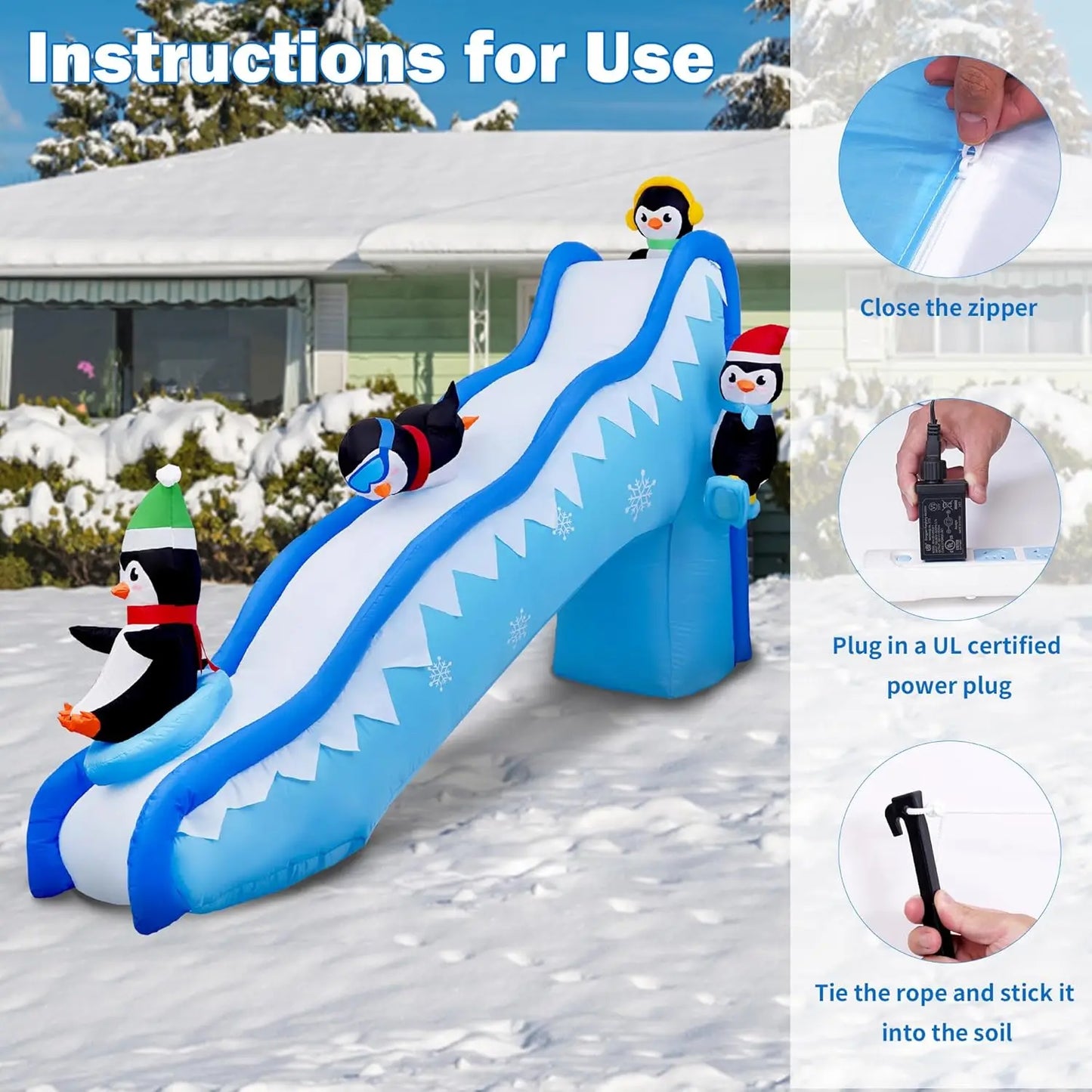 6FT Christmas Inflatables Penguin Slide Blow Up Christmas Decorations Outdoor Build-in LED Lights Penguin