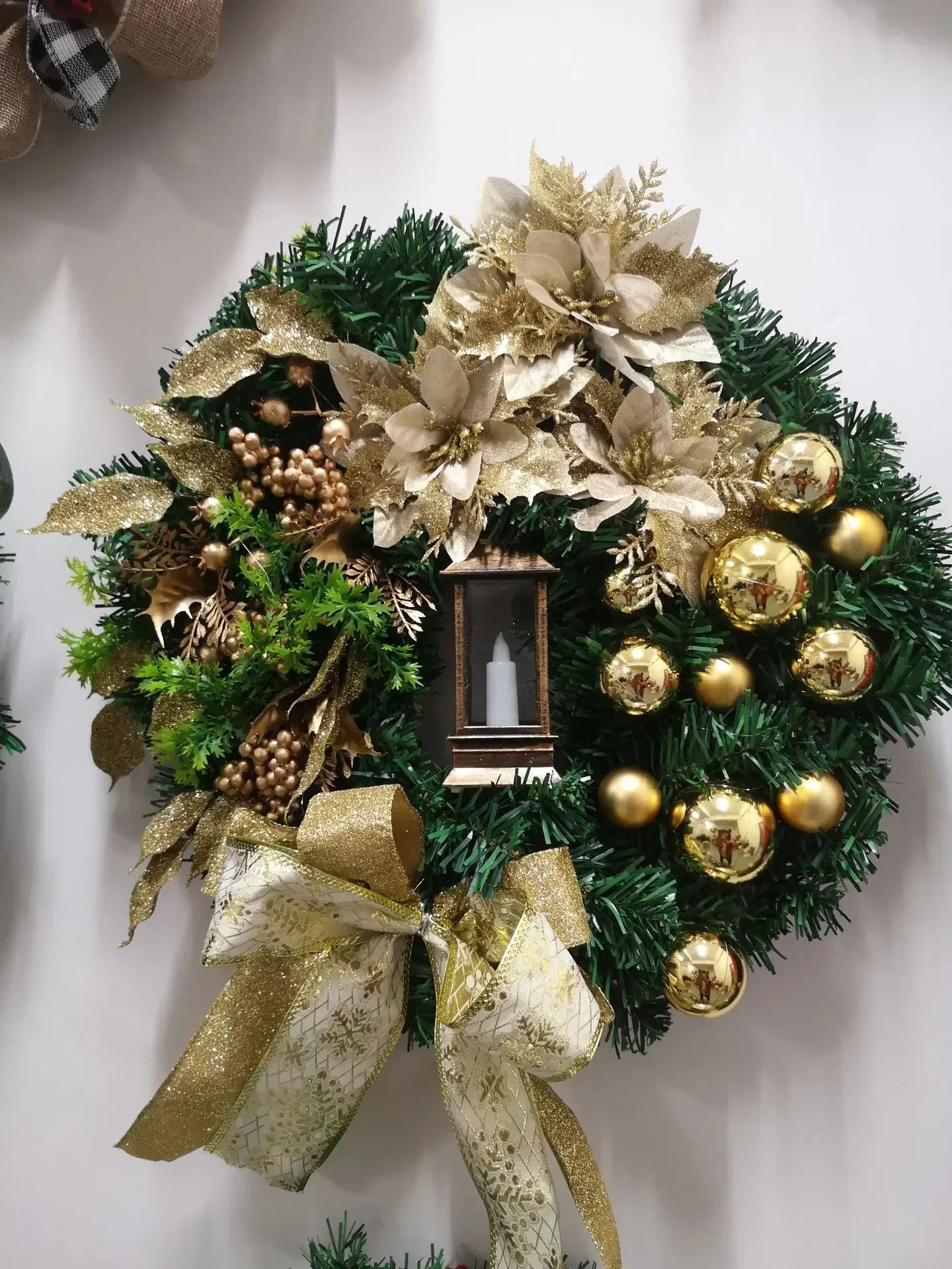 2024 Christmas Wreath With Lamp Bow Ball Big Red Flower Party Wall Door Window Fireplace Staircase Balcony Garden Wreath