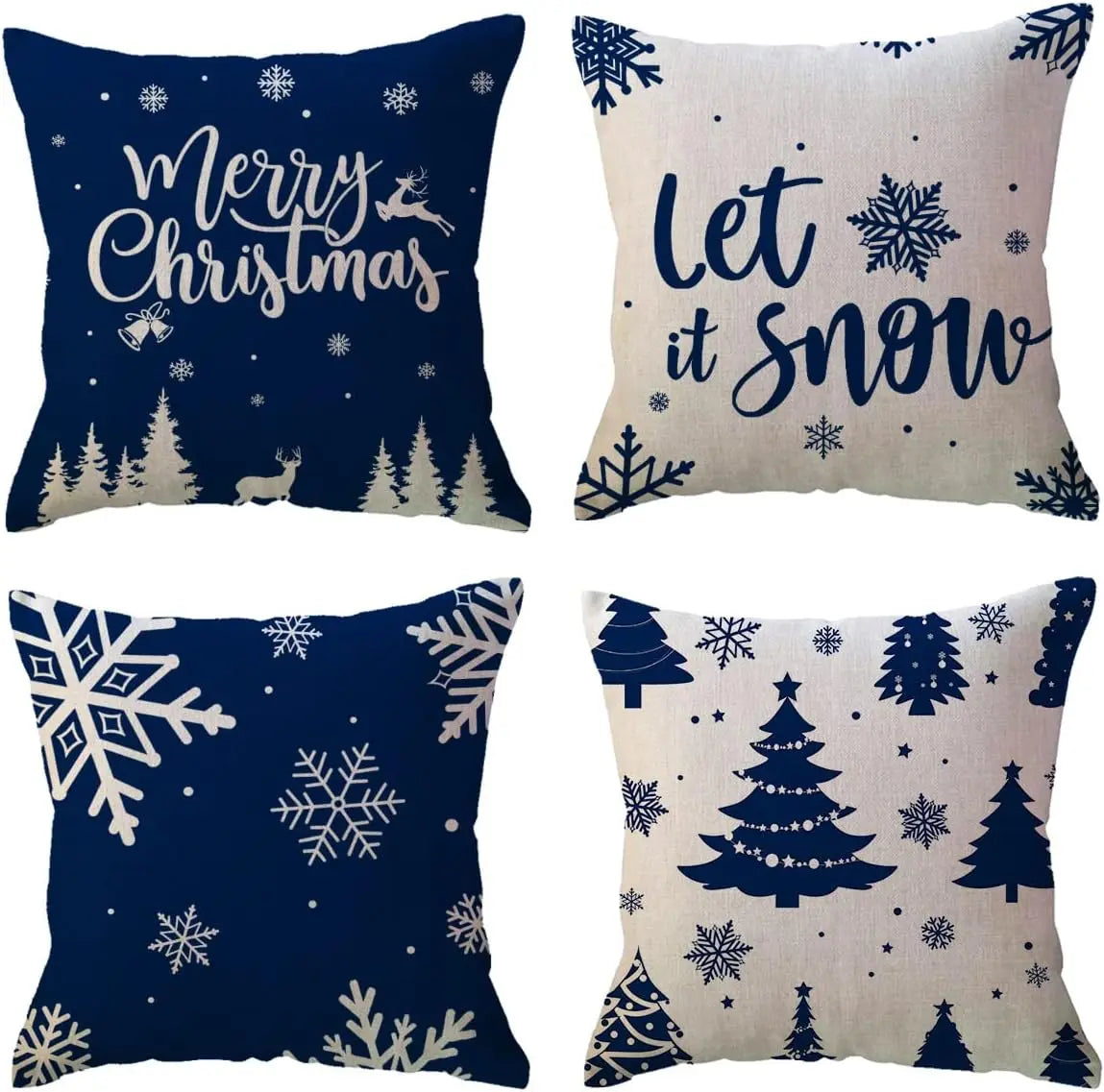 Winter Holiday Decoration Pillow Cover Blue Snowflake Tree Merry Christmas Decoration Cushion Cover Suitable for Sofa Porch