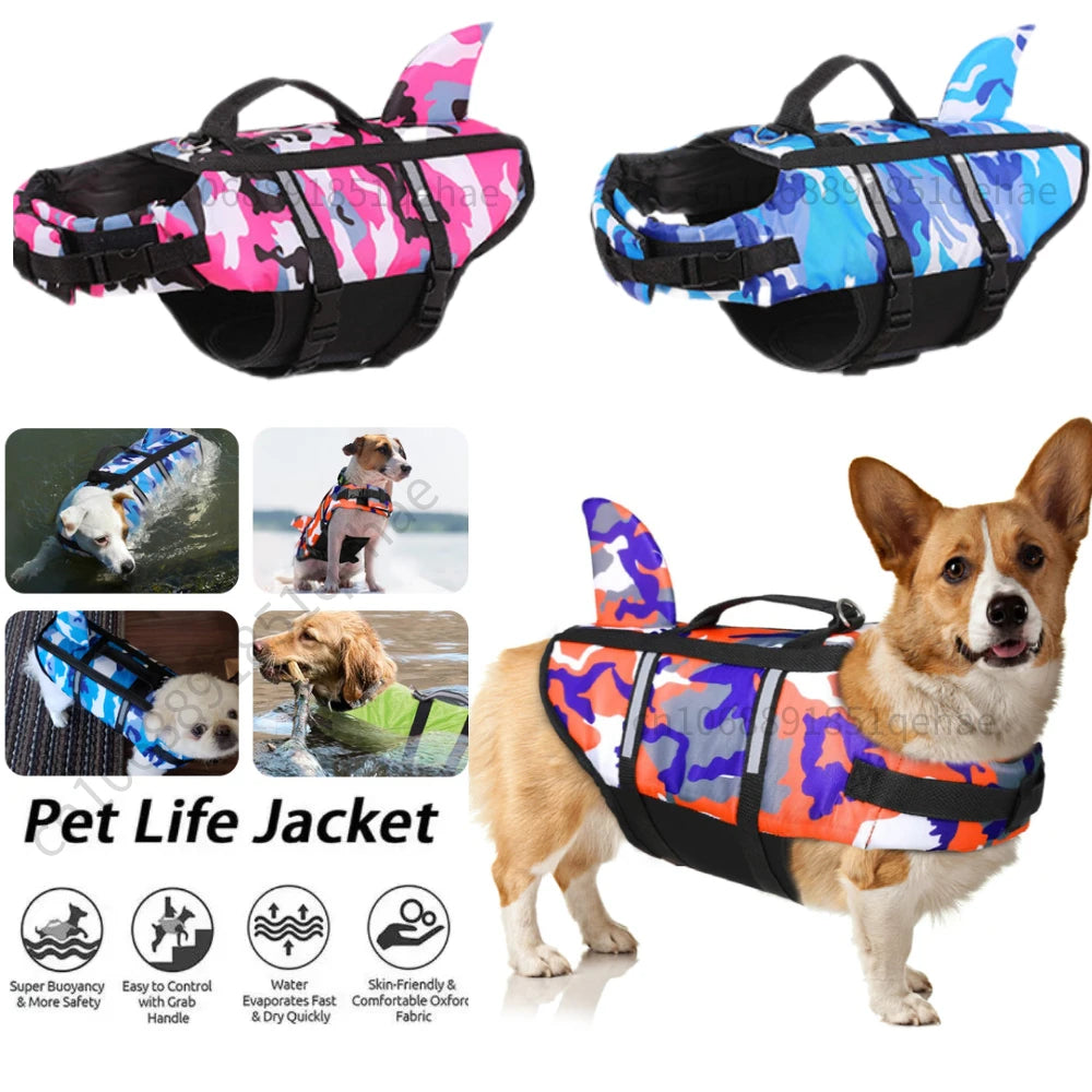 Pet Dog Life Jacket Vest Clothes Life Vest Collar Harness Pet Dog Swimming Summer Swimwear Clothes Camouflage Shark Blue Fuchsia