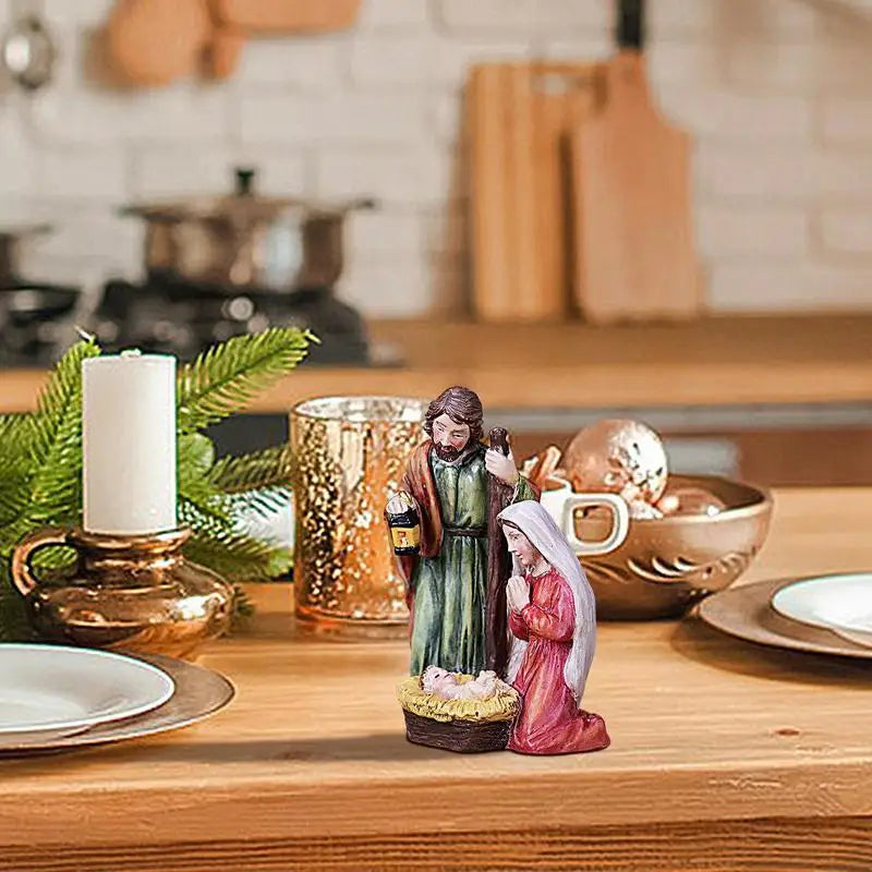 Nativity Scene Resin Figurine Christmas Desktop Statue Religious Ornament Mini Jesus Birth Decoration for Home Xmas Party Decor