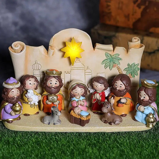 Nativity Sets for Christmas Resin Manger Scene Ornaments Jesus Figurines Sets Cute Cartoon Figures Nativity Statue Home Decor