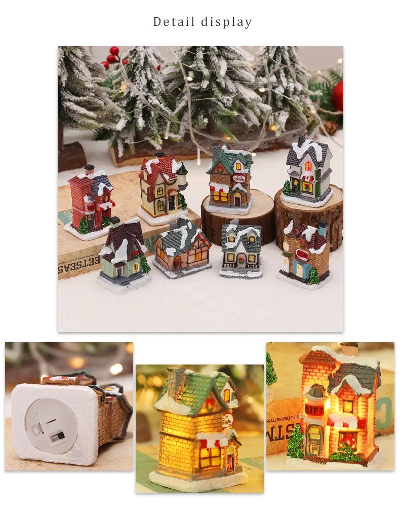 Christmas Decoration, New Year Night Light LED Luminous Snow House Sculpture Home Resin Crafts Xmas Gift for Kids