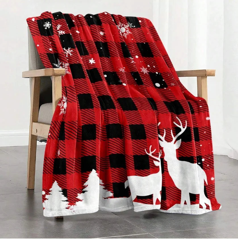 1pc Red and Black Checkered Elk Christmas Theme Flannel Blanket, Soft Cozy,For Travel Sofa Bed Office Home Decor,All Season