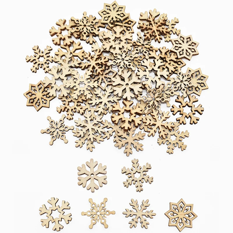 50Pcs Christmas Natural Wooden Chip Santa Claus Snowflake Christmas Tree Hanging Ornaments Pendant Navidad Decoration DIY Craft