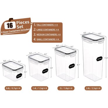 PRAKI Airtight Food Storage Container Set 16 Pcs BPA Free Plastic Dry Food Canisters for Kitchen Pantry Organization and Storage