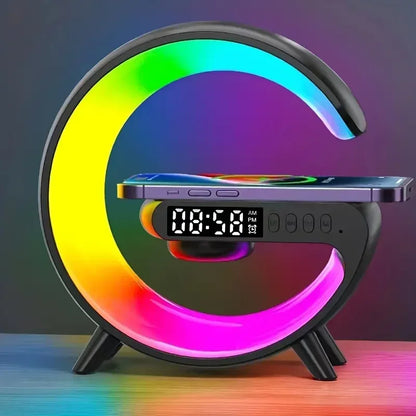 4-in-1 Wireless Charger Stand with RGB Light, Alarm Clock, and Speaker – Fast Charging Dock for iPhone, Samsung, Xiaomi