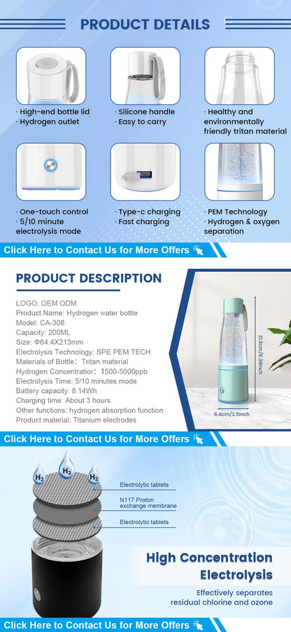 CAWOLO Premium Molecular Hydrogen Water Generator Bottle DuPont SPE+PEM Dual Chamber Maker + H2 Inhalation Device 5000ppB Max