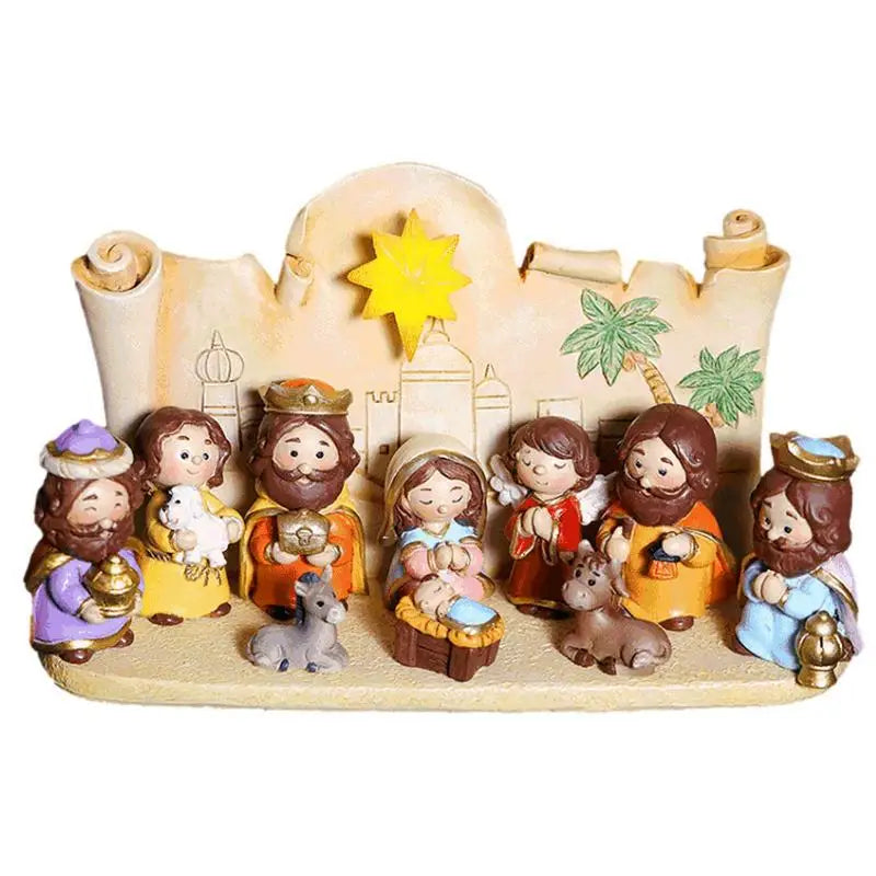 Nativity Sets for Christmas Resin Manger Scene Ornaments Jesus Figurines Sets Cute Cartoon Figures Nativity Statue Home Decor