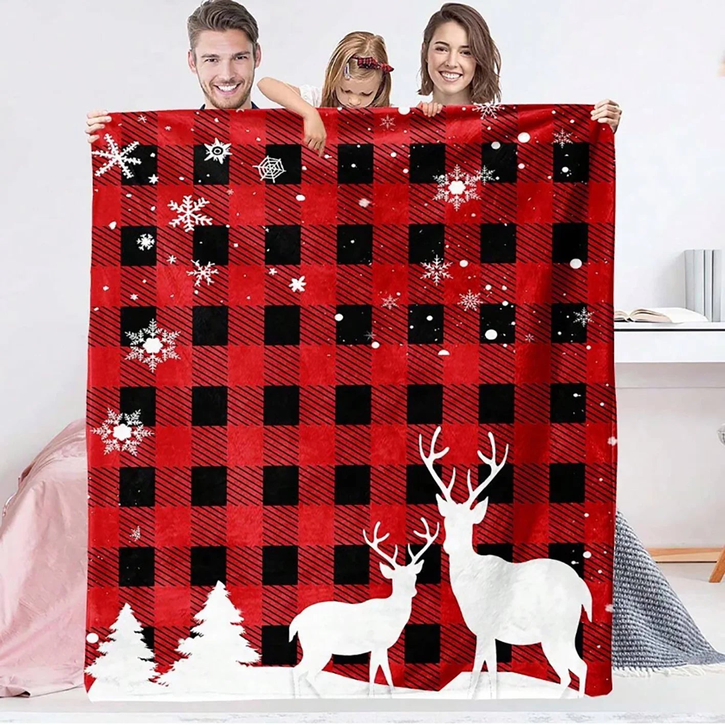 1pc Red and Black Checkered Elk Christmas Theme Flannel Blanket, Soft Cozy,For Travel Sofa Bed Office Home Decor,All Season