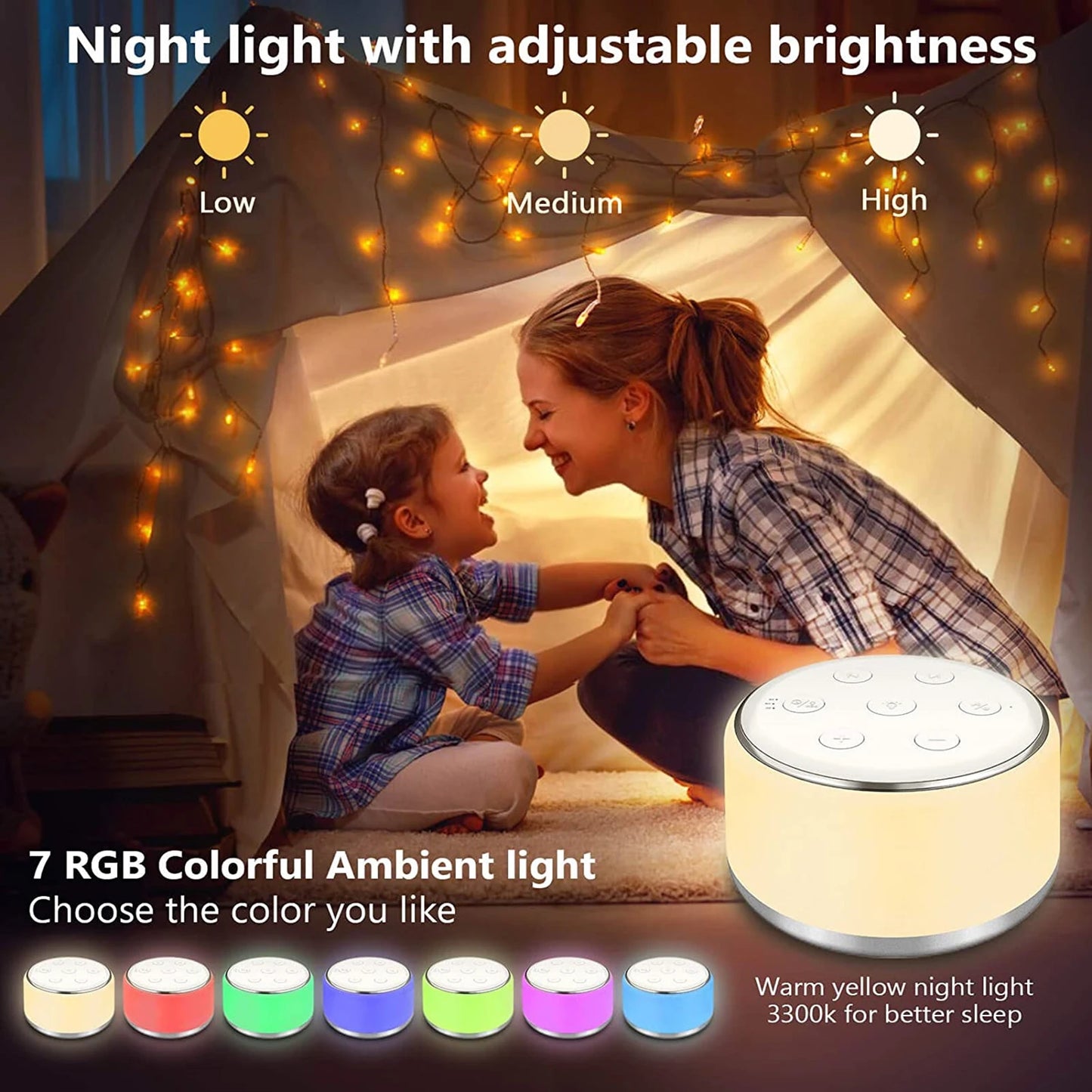 White Noise Machine Desktop Sleep Sound Machine for Baby Sleep Soother 7 Colors Night Lights 34 Soothing Sounds and Timer