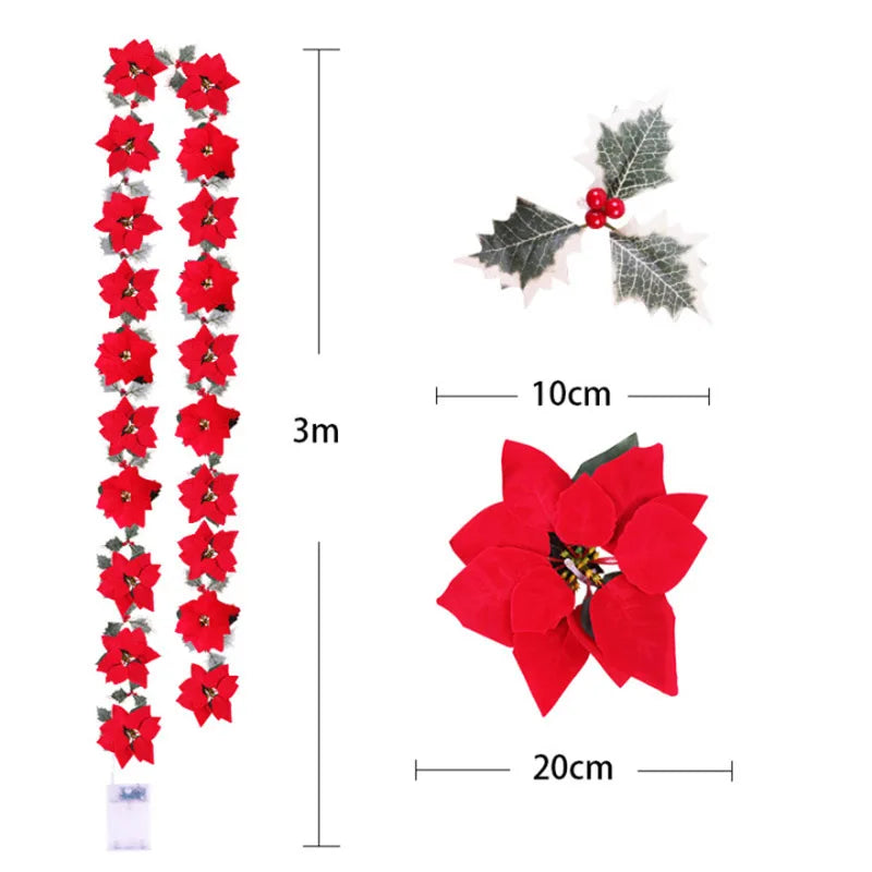 Poinsettia Christmas Flowers Garland String Lights Xmas Tree Ornaments Indoor/Outdoor Party Decor Christmas Decoration Navidad