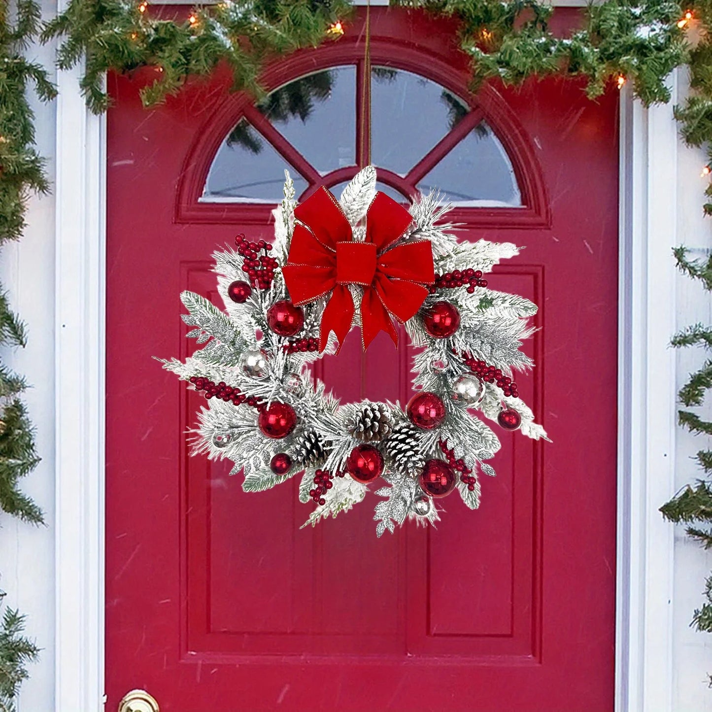 17.7in Christmas Wreath for Front Door, 2025 New Year Hanging Garland Decorations, Handmade Pine Berries Ball Ribbon Wreath