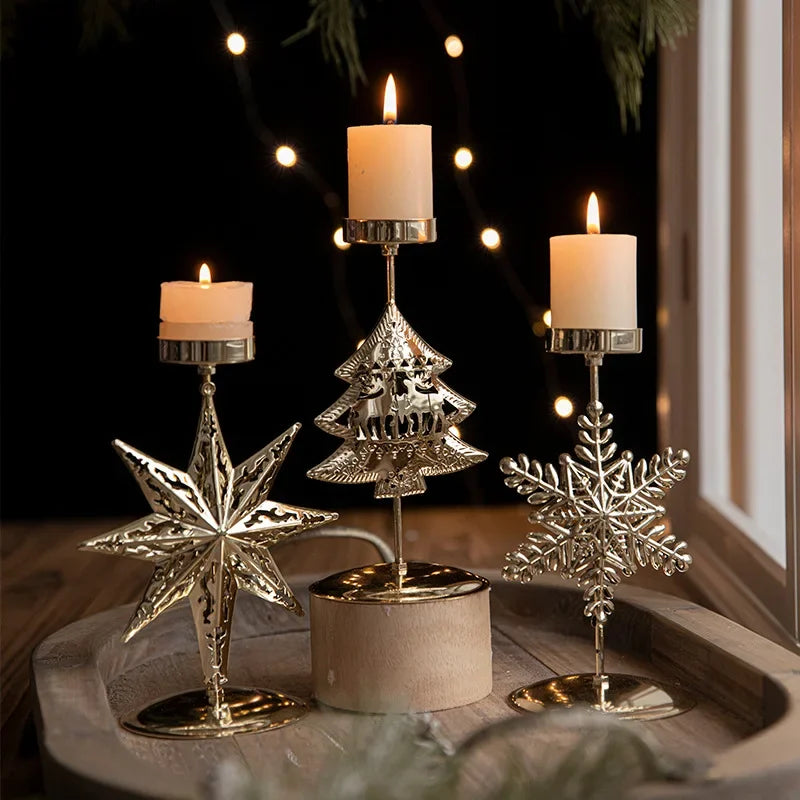 Christmas Votive Candle Holder Metal Tealight Holder Xmas tree elk Snowflake Patterns for Winter Xmas Table Centerpiece Decor