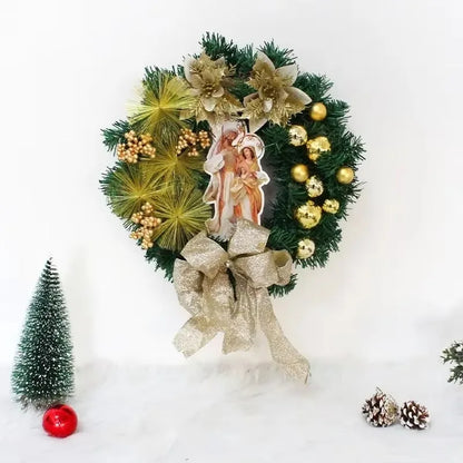 2024 Christmas Wreath With Lamp Bow Ball Big Red Flower Party Wall Door Window Fireplace Staircase Balcony Garden Wreath