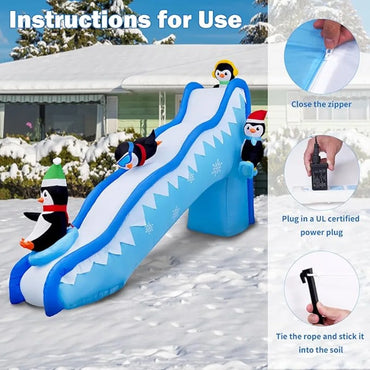 6FT Christmas Inflatables Penguin Slide Blow Up Christmas Decorations Outdoor Build-in LED Lights Penguin