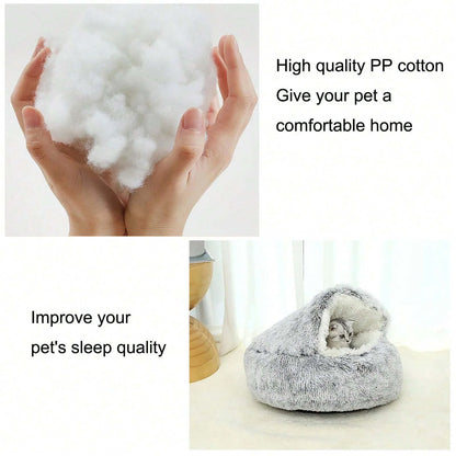 Plush Hooded Pet Bed Round Fluffy Soft Cat Bed Pet Cushion Warm Cat Dog 2 in 1 Sleeping Nest Cave for Small Dogs