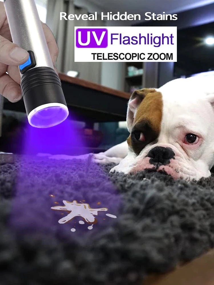 395nm UV Blacklight Flashlight, Zoomable USB Rechargeable Ultraviolet Light for Pet Urine Detection and Resin Curing