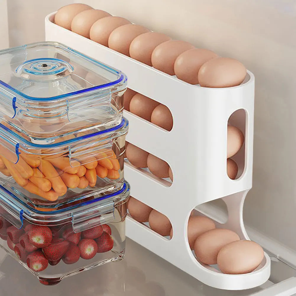 4 Layers Automatic Rolling Egg Holder Rack Fridge Egg Storage Box Container Kitchen Refrigerator Egg Dispenser Fridge Organizer