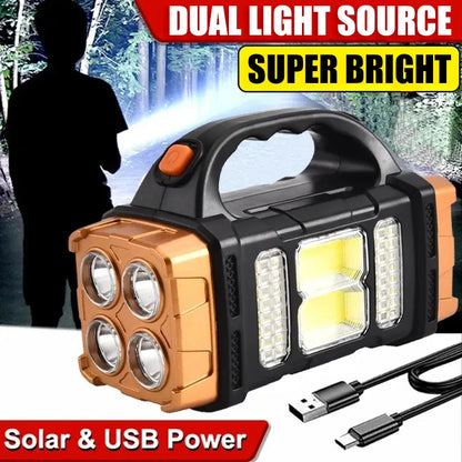 Portable USB Rechargeable Solar LED Flashlight with COB Work Light, 4-Mode Mobile Charging Camping Lamp