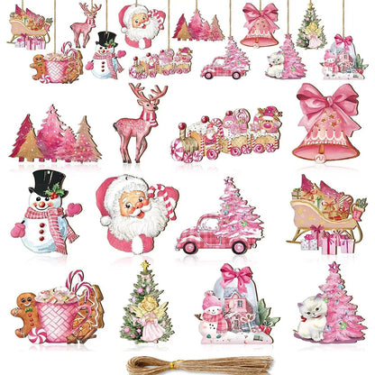 12pcs Christmas Wooden Pendant Pink Santa Claus Deer Snowman Hanging Ornament for Merry Xmas Tree Decor New Year Gifts Supplies