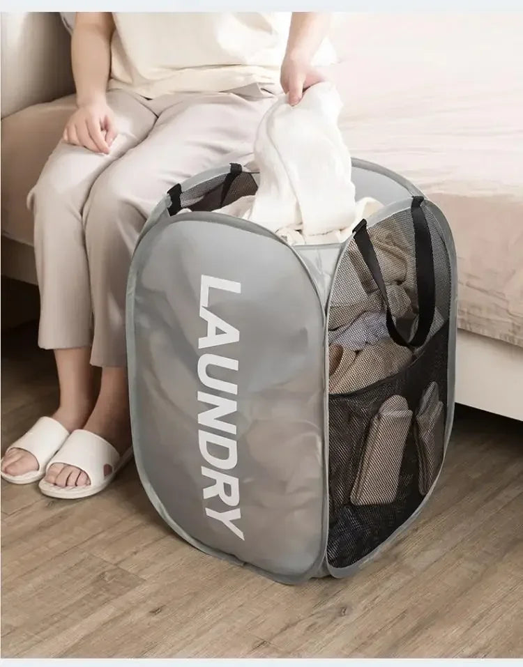 Folding Popup Laundry Baskets Home Mesh High Capacity Washable Dirty Clothes Toys Dolls Storage Bathroom Hamper Bag Side Pockets