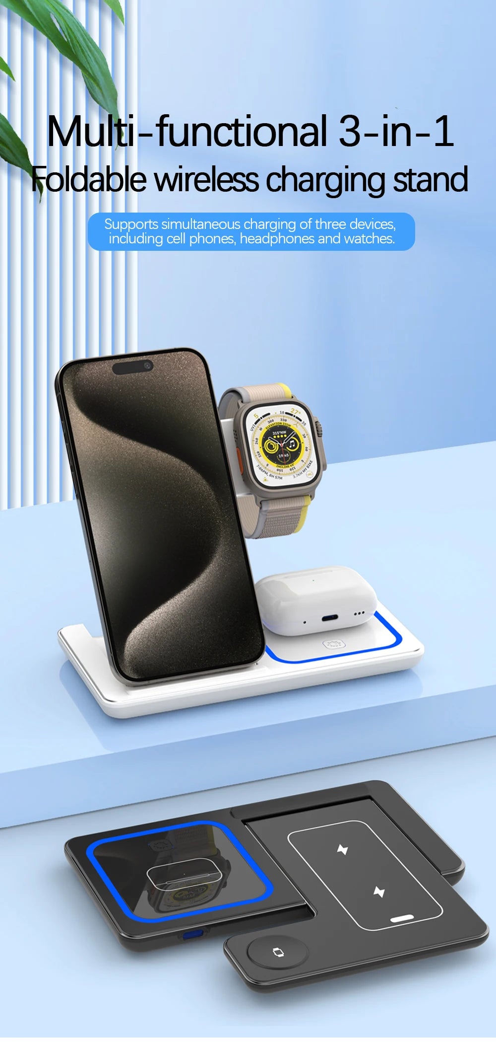 30W 3-in-1 Foldable Wireless Charging Station for iPhone, Apple Watch, and AirPods - Fast Charger Stand