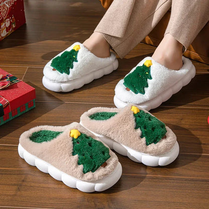 Cute Christmas Tree Women's Home Fluffy Slippers Cartoon Winter House Warm Shoes Designer Flat Casual New Year's Gift