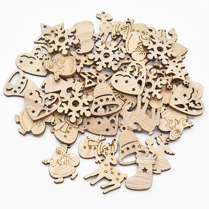 50Pcs Christmas Natural Wooden Chip Santa Claus Snowflake Christmas Tree Hanging Ornaments Pendant Navidad Decoration DIY Craft