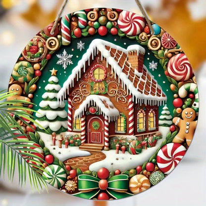 1pc 2D Merry Christmas Brown Gingerbread Candy House Xmas Snowflake Christmas Tree Wood Porch Wreath Hanging Print Retro Sign