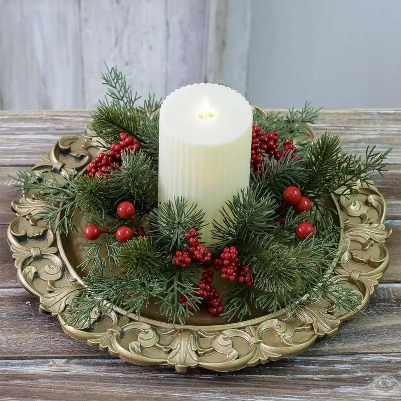 Christmas Candle Rings Table Decoration Christmas Wreath Candle Holder Ring Red Berries Table Centerpieces Candle Wreath