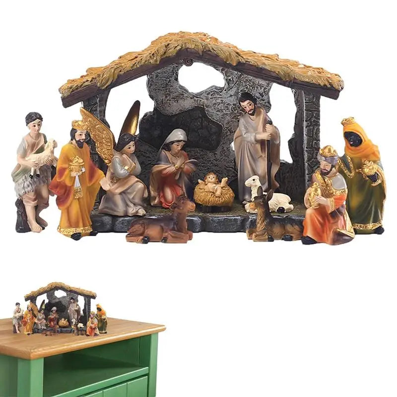 Nativity Manger Scene Set 12-pcs Resin Hand-painted Nativity Figurines Resin Crafts Statue For Home Tabletop Ornaments Christmas