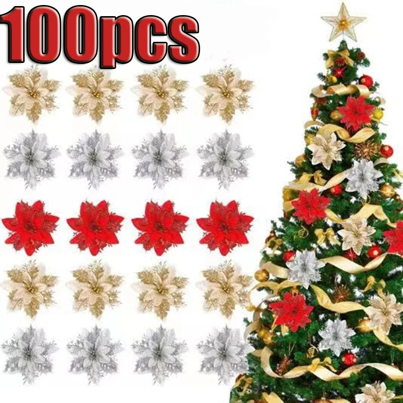 10PCS Christmas Flowers Glitter Artificial Poinsettia Floral Xmas Tree Ornaments DIY Garlands Home Wedding Party Decor