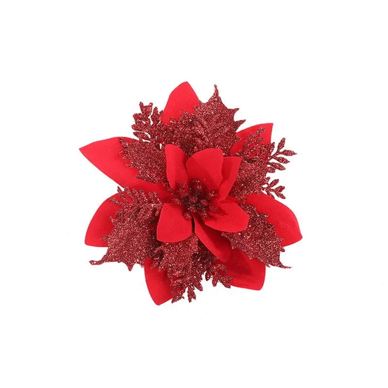 10PCS Christmas Flowers Glitter Artificial Poinsettia Floral Xmas Tree Ornaments DIY Garlands Home Wedding Party Decor