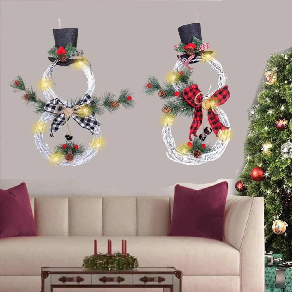 Christmas Garland LED Light Snowman Rattan Wreath for Front Door Christmas Decorations for Home Fireplace Wall Decor New Year