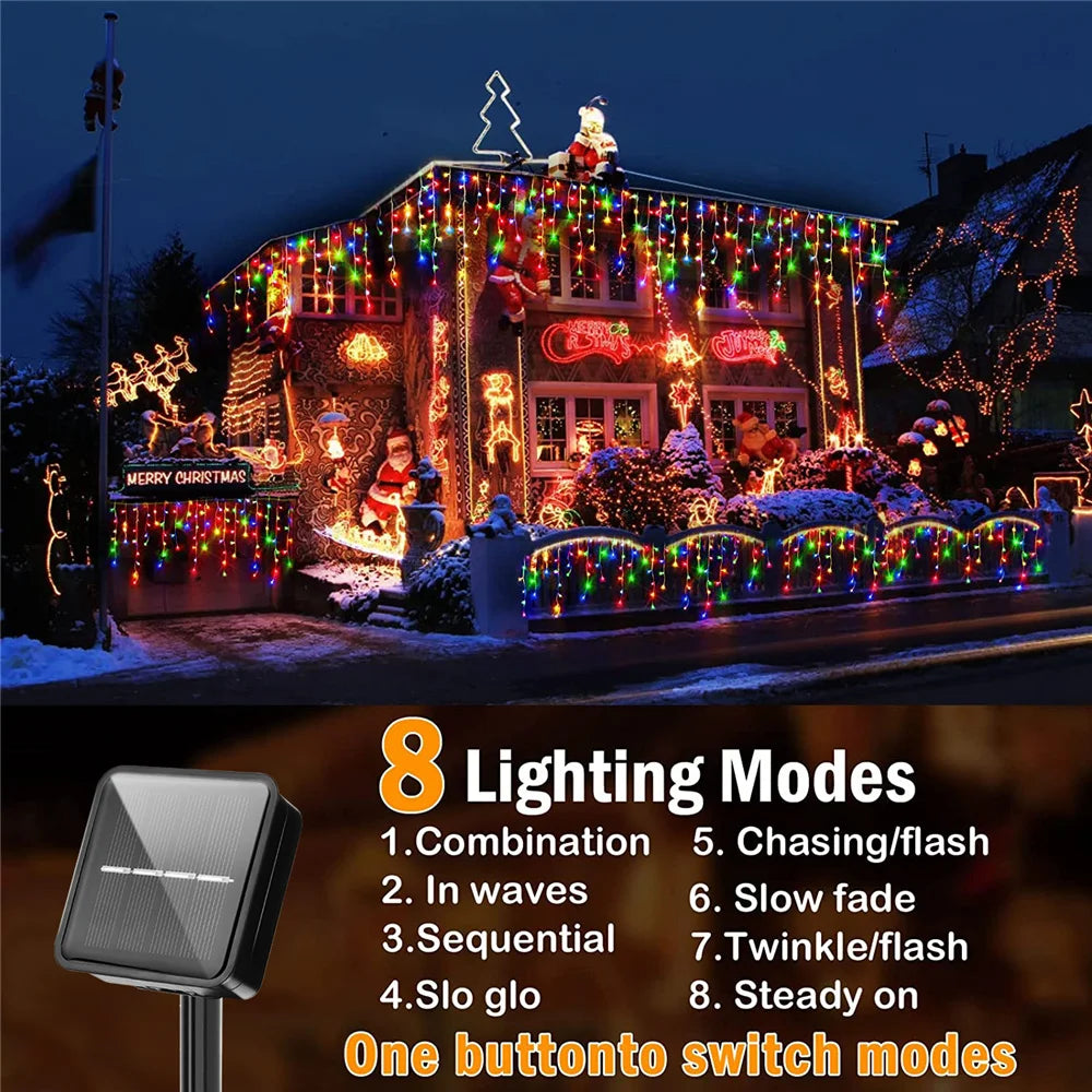 Christmas Decorations Lights Solar Icicle Curtain Lights 8 Modes Outdoor Waterproof Garden Party New Year Decoration