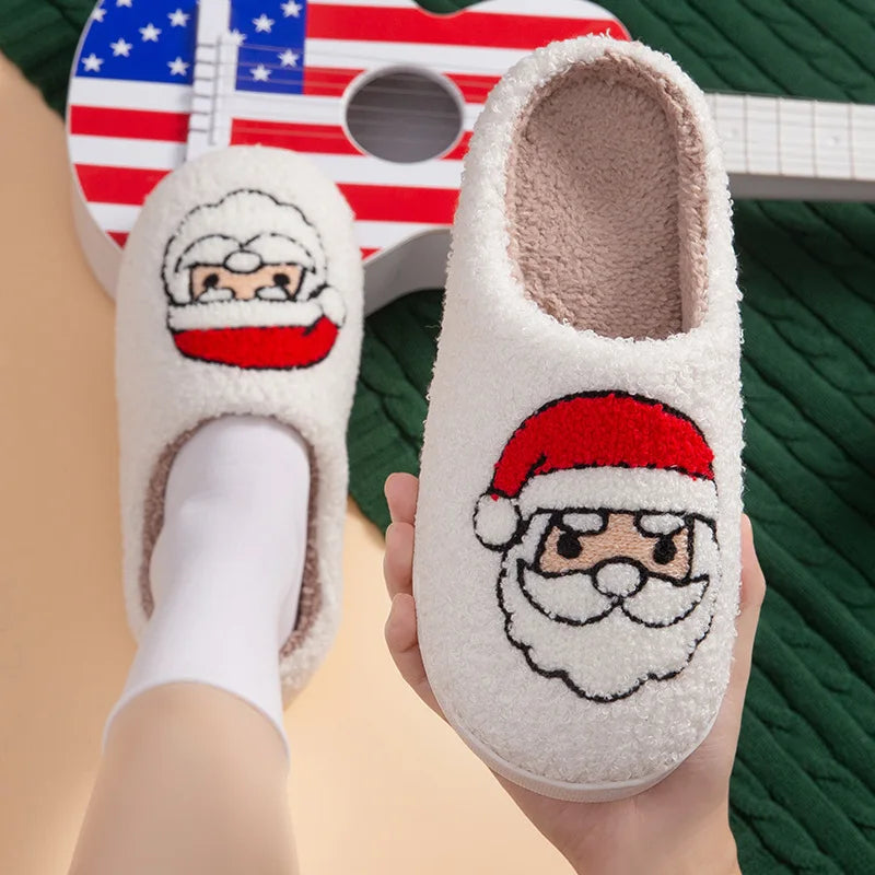 Fashion Christmas Slippers Women Home Winter Cute Cartoon Sandals Men Warm Non-slip Flat Slides Couple Soft Christmas Shoes