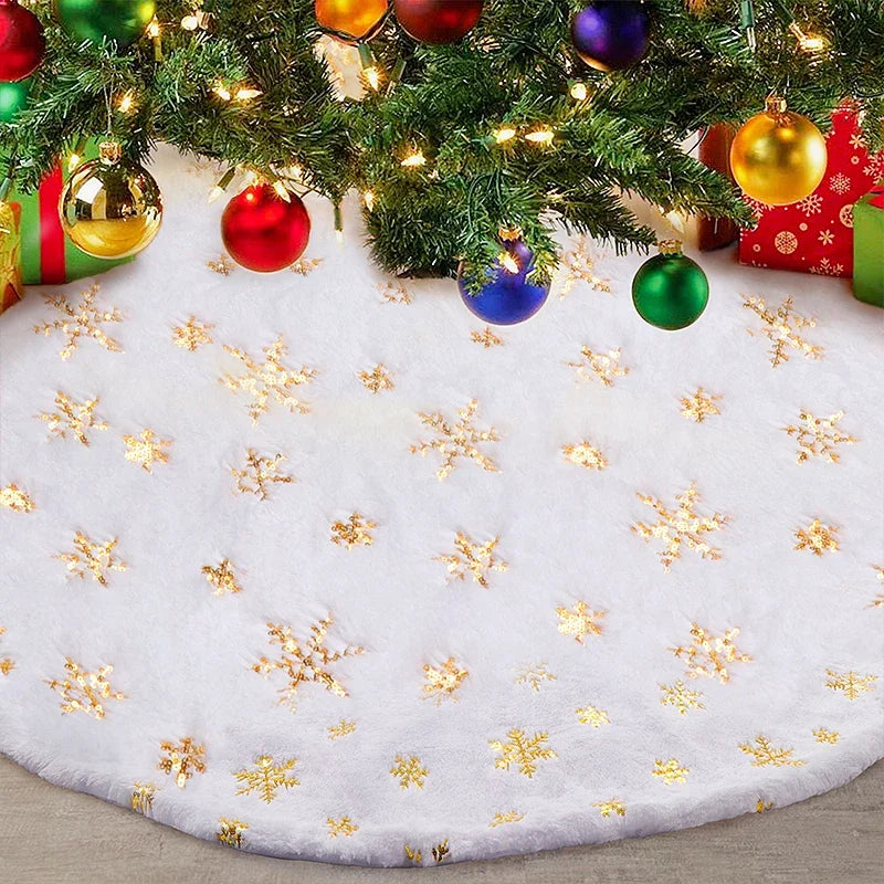 38CM Plush Christmas Tree Skirt White Snowflakes Faux Fur Xmas Trees Skirts Base Cover New Year Navidad Party Decoration Carpet