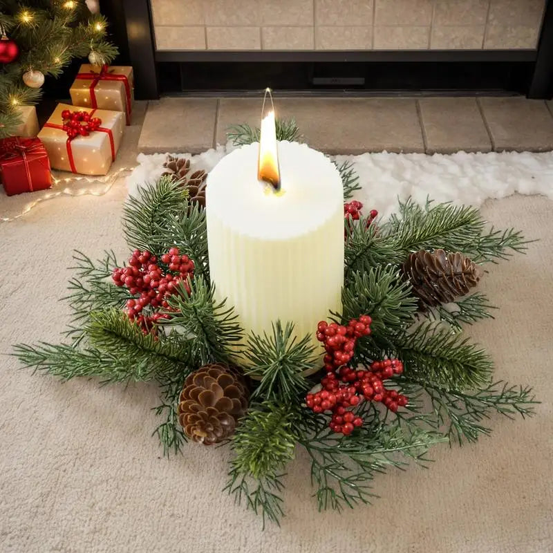 Christmas Candle Rings Table Decoration Christmas Wreath Candle Holder Ring Red Berries Table Centerpieces Candle Wreath