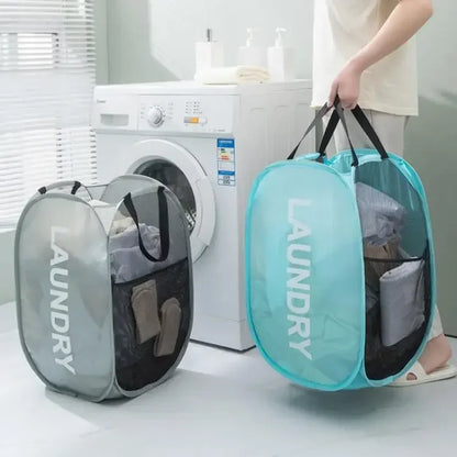 Folding Popup Laundry Baskets Home Mesh High Capacity Washable Dirty Clothes Toys Dolls Storage Bathroom Hamper Bag Side Pockets